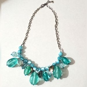 Vintage lucite aqua chunky beads cats eye silver necklace stainless steel 90's